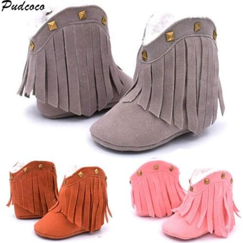 Pudcoco Baby Kids Girls Soft Sole Snow Boots Warm Winter Baby Girl Crib Shoes Toddler Tassel Rivet Boots for Girls 0-18 Months