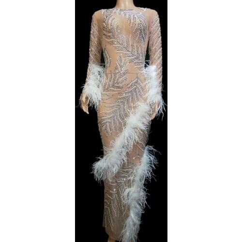 Sexy Mesh See Through Sparkly Rhinestone Feather Long Dress Evening Celebrity Party Night Dresses Birthday Outfit Stage Costume