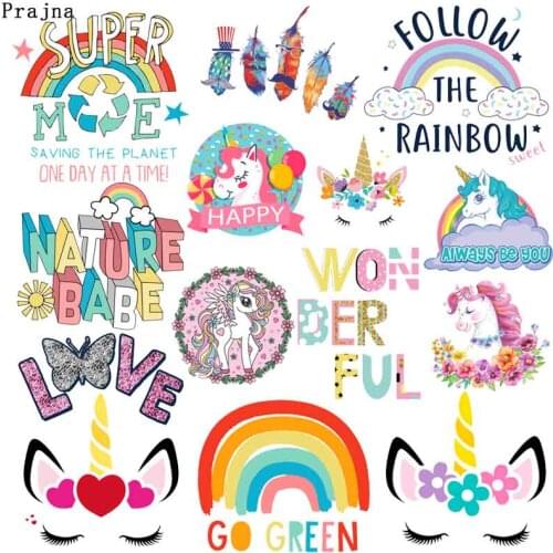 Prajna Raibow Letter Thermal Sticker On Clothes Iron On Patches Cartoon Applique Unicorn Patch Heat Transfer Vinly Patches DIY
