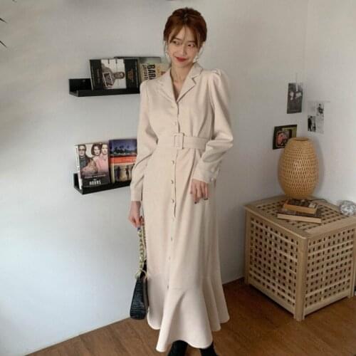 Spring Vestidos 2021 Womens New Korean Chic Waist Suit Collar Was Thin Temperament Long-Sleeved Long Fishtail Dress Female E480