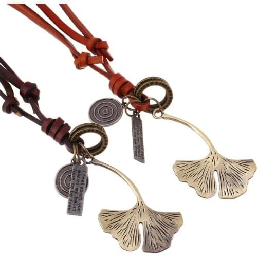 Vintage Retro Long Leather Necklace Bronze Leaf Alloy Pendant Adjustable Choker Brown Chain for Men Women Fashion Unisex Jewelry