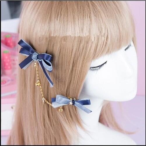 Girl blue double bowknot Hairpin lolita bell side clip Hair Accessories B989