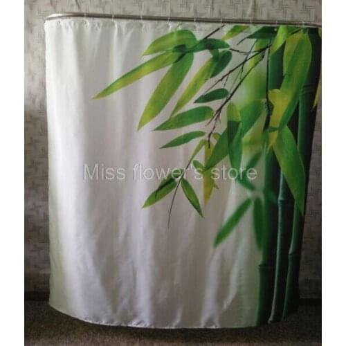 Green Fresh Bamboo Leaf Design Shower Curtain Bathroom Waterproof Mildewproof Polyester Fabric With 12 Hooks 180cm*180cm
