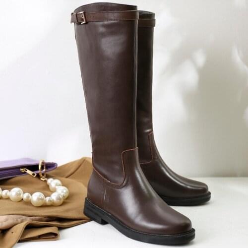 2021 Women Motorcycle Shoes Woman Shark Buckle Long Boots Sexy Mujer Zipper Casual Flat Shoes Round Toe Real Genuine Leather