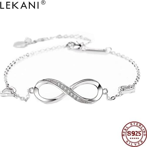 LEKANI 925 Sterling Silver Infinity Chain Bracelets For Women Heart Zircon Bracelets Adjustable Female Fashion Jewelry Hot Sale
