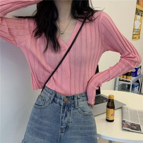 Women Knitting Cardigan Vertical Stripes Pure Color Slim V-neck Long Sleeve Knitted Fabric Short Top Wholesale Pink New Clothing
