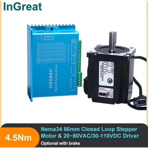 4.5Nm 643Oz.in Nema34 86mm Closed Stepper motor brake 1.8 degree & 20~80V AC/30-110V DC Stepper motor Driver with cooling fan