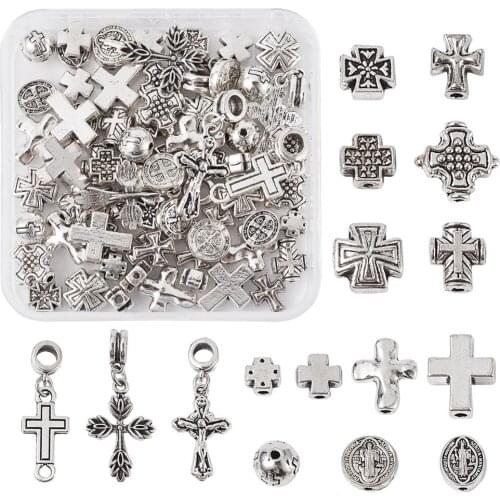 70pcs/box Tibetan Antique Silver Color Alloy Bead Cross Charms Pendants For for DIY Bracelet Necklace Jewelry Making Accessories