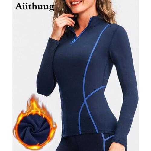 Aiithuug Womens Long Sleeve Thermal Fleece Shirt Workout Tops with Zipper Athletic Running Shirts Autumn Sports Shirts Winter