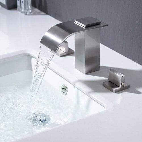 AZOS 8-Inch Waterfall Faucet for Bathroom Basin 3 Hole Double Handles Vanity Sink Faucets with Deck Mount Brushed