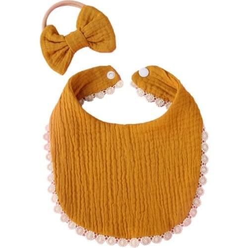 HX5D 2 Pcs Baby Girls Elastic Bow Headband Saliva Towel Set Princess Bowknot Hair Band Bib Kit Soft Cotton Solid Color Feeding