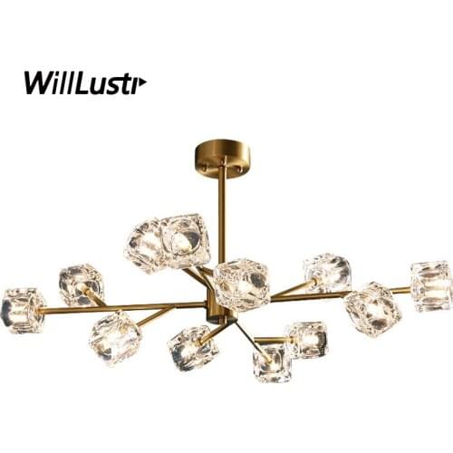 Copper Pendant Lamp Luxury Crystal Square Shade Hotel Mall Restaurant Sitting Room Bedroom Modern Molecular Suspension Lighting