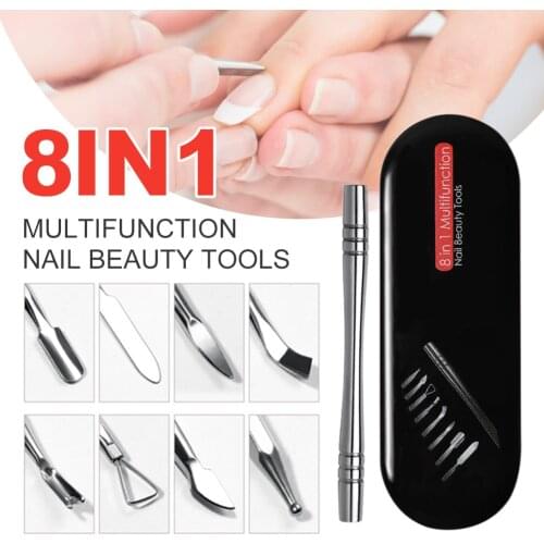 Multifunction Eight in one Cuticle Remover Stainless Steel Finger Dead Skin Cut Manicure Stirring Rods Nail Art Pusher Tool