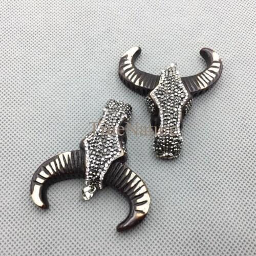 Fashion Resin Buffalo Cattle Skull Pendant Black Silver Electroplated Rhinestone Longhorn Charm In 50*43 mm PM4652