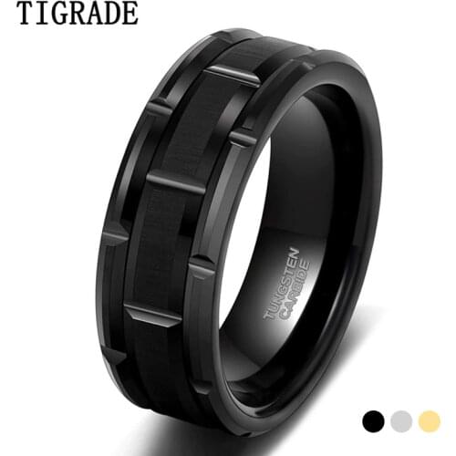Tigrade 8mm Mens Tungsten Wedding Band Silver/Black Brick Pattern Brushed Finish Engagement Ring Masculine Comfort Fit Size 7-13