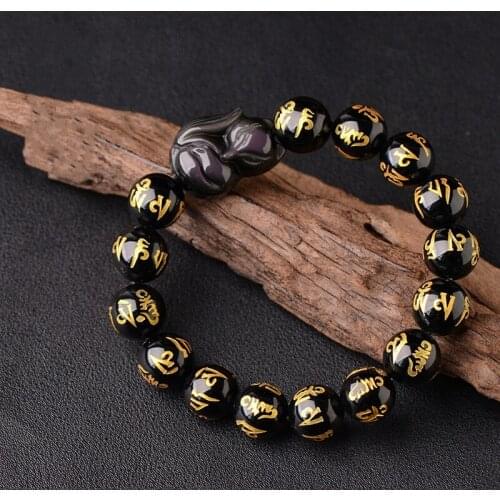 New 100% Black Obsidian Stone Beaded Bracelet Carved Fox Lucky Buddha Round Beads Strand Bracelets