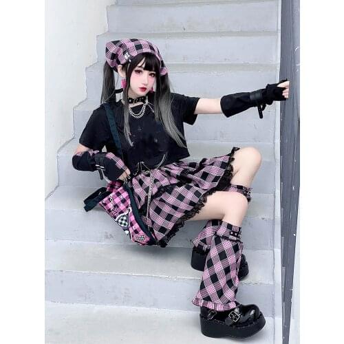 Ruibbit New Arrival Gothic Harajuku hot girl cake dress Pink sweet soft girl punk Japanese lace plaid Mini Short skirts