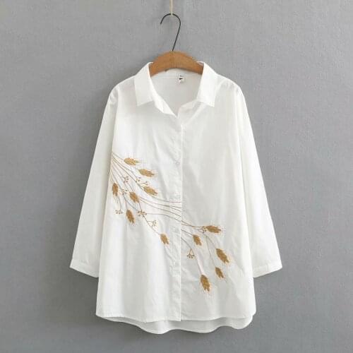 Womens oversize shirt turn-down collar Wheat ears embroidery cotton tops women 2021 spring autumn Mid-length white loose Blouse