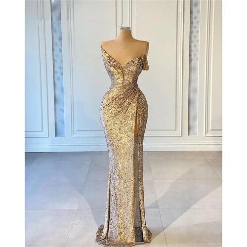 Sexy Front Split Gold Arabic Formal Evening Dresses Off the Shoulder Celebrity Gown Plus Size Bling Prom Party Dress