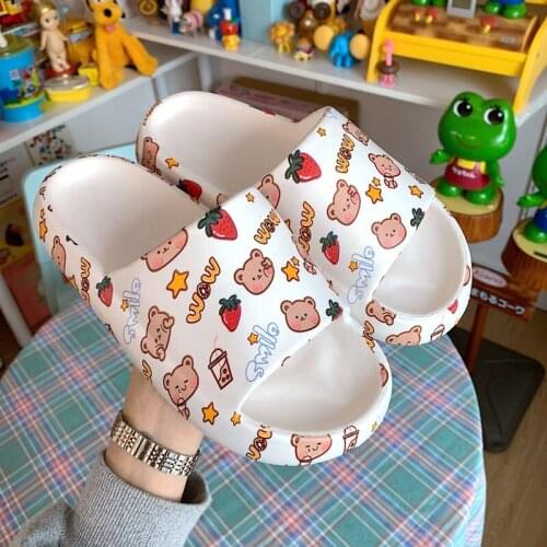 Non-slip Women Summer Platform Slippers Beach Slide Sandals Flip Flops Cartoon Candy Bear High Heels Ladies Girls Bathroom Shoes