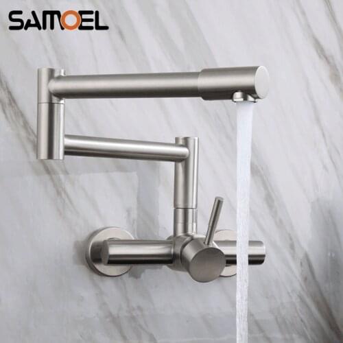 Stainless Steel Wall-mounted Dual-hole Single Handle Brushed Folding Kitchen Sink Faucet Mixer 360° Rotating NL727