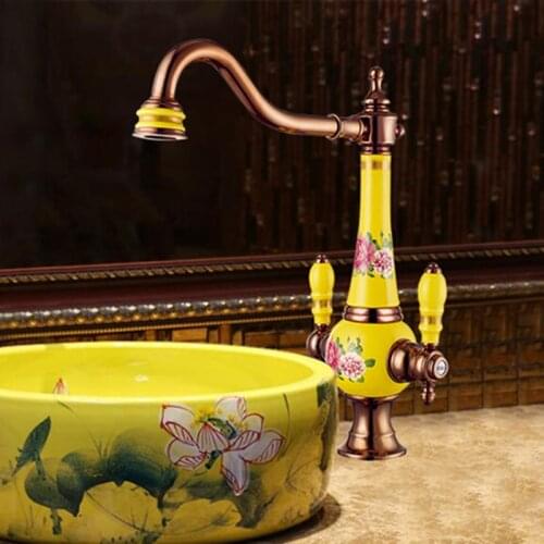 Basin Mixer Faucets Rose Gold Brass and Ceramic Bathroom Sink Faucet Deck Mounted Water Tap Hot and Cold Mixer Taps Crane Faucet