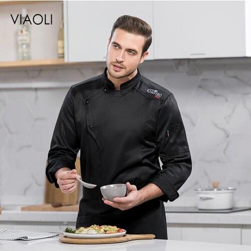 High quality embroidery chef overalls restaurant cooking polyester cotton breathable uniform chef long sleeve jacket custom logo