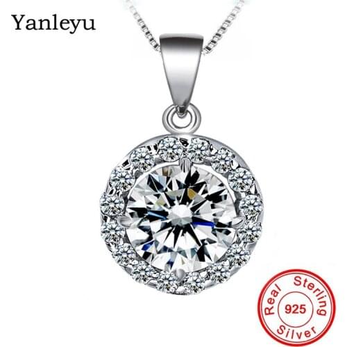 Yanleyu 2 Carat Round Cubic Zirconia Pendant Necklace Luxury Genuine Sterling 925 Silver Fine Jewelry Wedding Necklace PN059