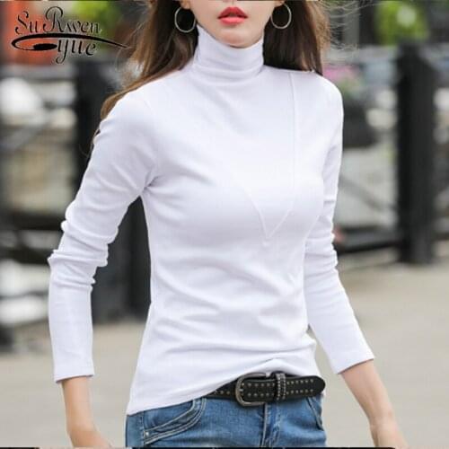 Women T-shirt Turtleneck Solid Full Sleeve White Top Blusas Mujer De Moda 2019 Elegant Vintage Tops Women Blusas 6974 50
