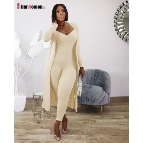 Two Piece Set Women Outfits Long Cardigan Jumpsuit Fall Winter Clothes for Female 2021 Bodycon Rompers Ribbed Knitted Pants Set