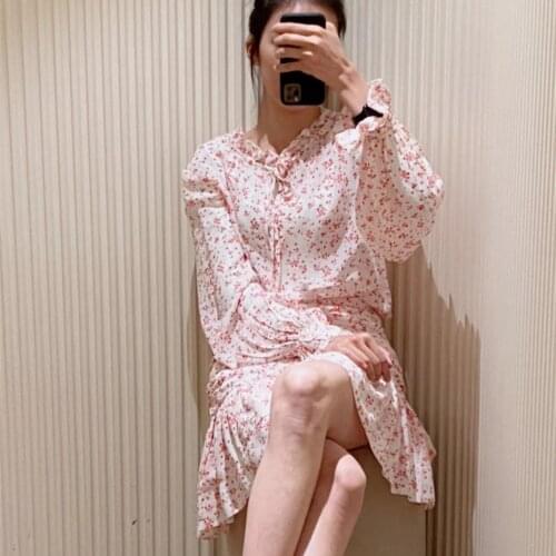 2021 New Summer Women Floral Blouse Suit Lace-Up Collar Ruffles Trim Sleeve Pleated Skirt Shirt and Top Set