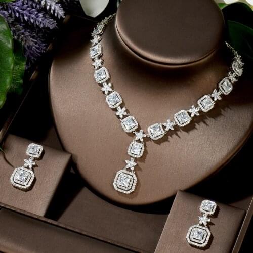 HIBRIDE Square Cut White Cubic Zirconia Stone Women Wedding Party Necklace Jewelry Sets for Brides Costume Accessories N-1452