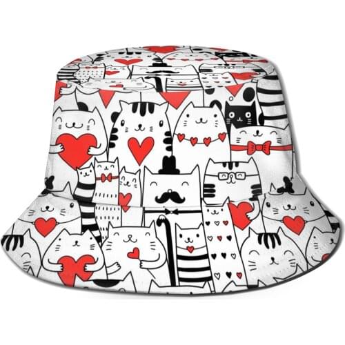 CINESSD 2021 New Fishermans Hat Unisex Fashion Bob Cap Cats Holding Hearts Hip Hop Gorros Panama Windproof outdoor Bucket Hat