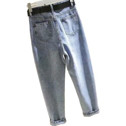 Fat sister big size womens wear spring new jeans womens high waist loose thin versatile straight tube Harlan father pants