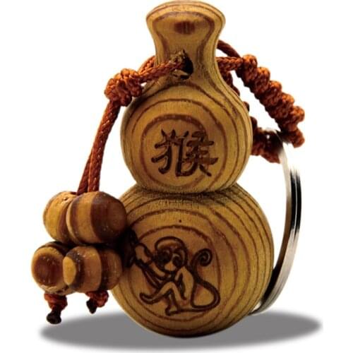 Feng Shui Peach Wood The Chinese Zodiac Gourd wu lou Keychain Wood Carved Amulet Vintage Home Decoration Accessories
