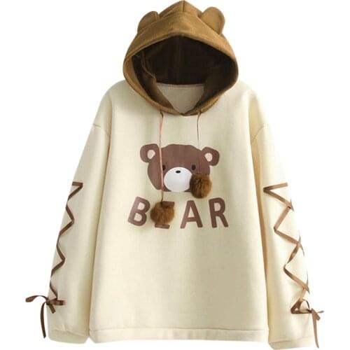 Harajuku Kawaii Hoodie Sweatshirt Women Bear Print Hoody With Ear Teen Lace Ribbon Long Sleeve Pullover Coat Jumper Top Pullover