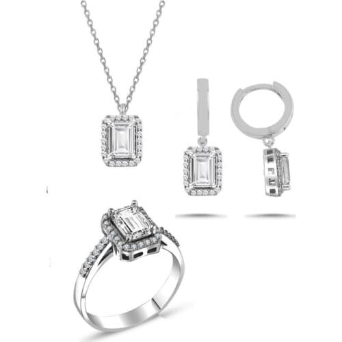 With silver Cubic Zirconia Diamond Model Triple Set Necklace Earrings Ring Set
