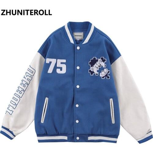 Hip Hop 2021 Block Bomber Jackets Towel Embroidery Letter Bear Patchwork Baseball Coats Streetwear Harajuku Fashion Casual Tops