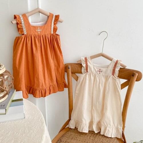 Pure Color Flying Sleeve Summer 2021 Baby Girl Cool Embroider Dress Children Japanese Style 0-6 Years Kids Square Collar Clothes