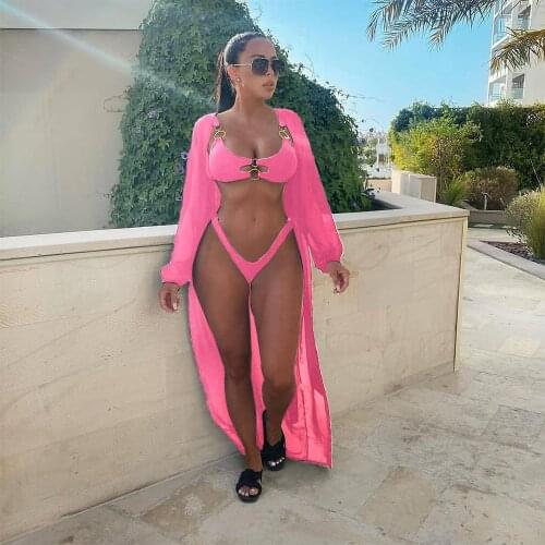 Summer Swimsuit Sexy 3 Piece Bikini Set Off Shoulder Crop Top Thongs Mesh Sheer Cover Up For Women Outfits Swimwear Matching Set