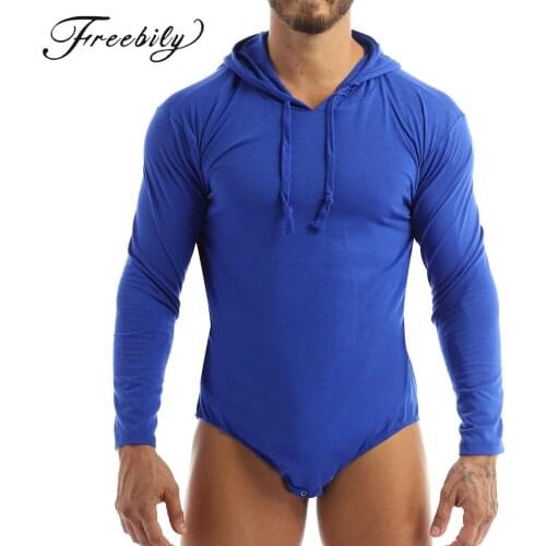 Men Long Sleeve Bodysuit T Shirt Hooded Sexy Fitness Tops Rompers Casual Comfortable Pajamas
