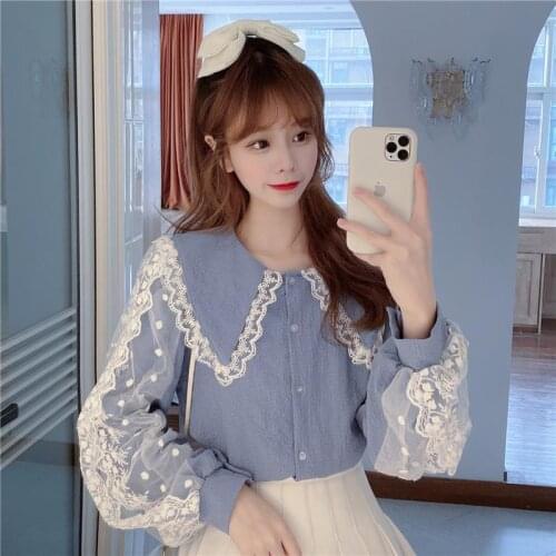 Fall Lace Peter Pan Collar Bubble Long Sleeve Shirt Top Women Blusas Ropa De Mujer