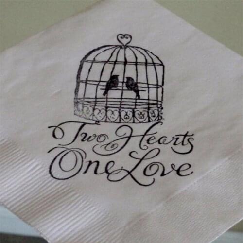 Personalized Cocktail Napkins White Two Hearts One Love 3 Ply Paper Beverage with Caged Love Birds Classic Wedding - Set of 50