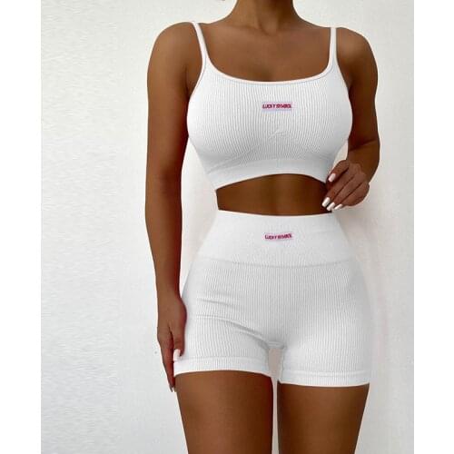 Fitness Sleeveless Crop Tops Shorts Set Letter Women Casual U-Shaped Collar Yoga Suit Running Sport Set Street Wear Biker Shorts