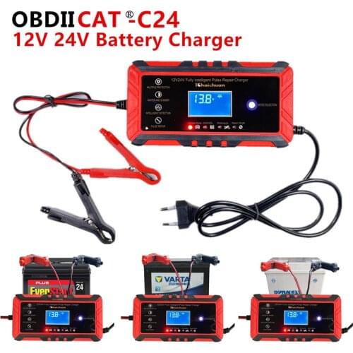 Intelligent Car Battery Charger 12V 24V OBDIICAT-C24 Auto Fast Charging Tool Kit AC 110V-240V AGM GEL WET Lead Acid Repair