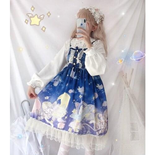 Japanese Lolita Daily Doll Collar JSK Sling Lolita Landing On The Moon Pringting Dress Womens Summer fairy kei lolita dress