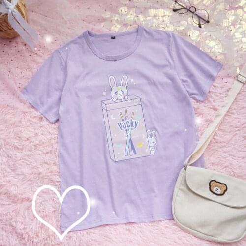 Japanese Soft Girl Summer Purple Rabbit Printed Short Sleeve T shirt Tee Students Harajuku Small Fresh Loose Kawaii T-shirt Tops
