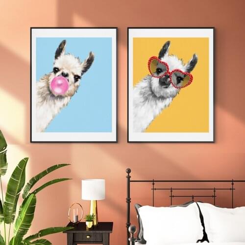 Funny Bubble Gum Llama Animal Canvas Painting Pink Blue Colorful Child Poster Wall Art Picture Nordic Nursery Baby Bedroom Decor
