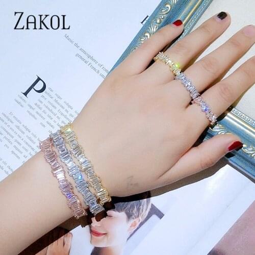 ZAKOL Luxury Square Cubic Zirconia Adjustable Bracelet Ring Set Bridal Jewelry for Women Wedding Dinner Birthday Gift FSSP3042