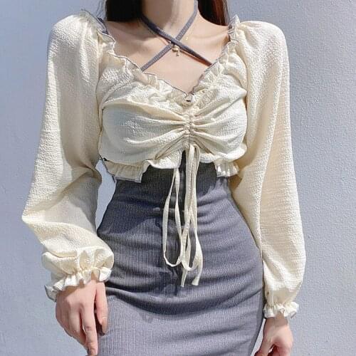 Women Cropped Blouses Long Sleeve Crop Top Solid Ruffles Drawstring Tops Ladies Casual Slim Streetwear Elegant Chic Tops
